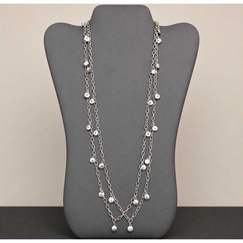 Barbara Boz Silver Tone Pave Crystal Dangle Station Necklace 54" Long Chain Link